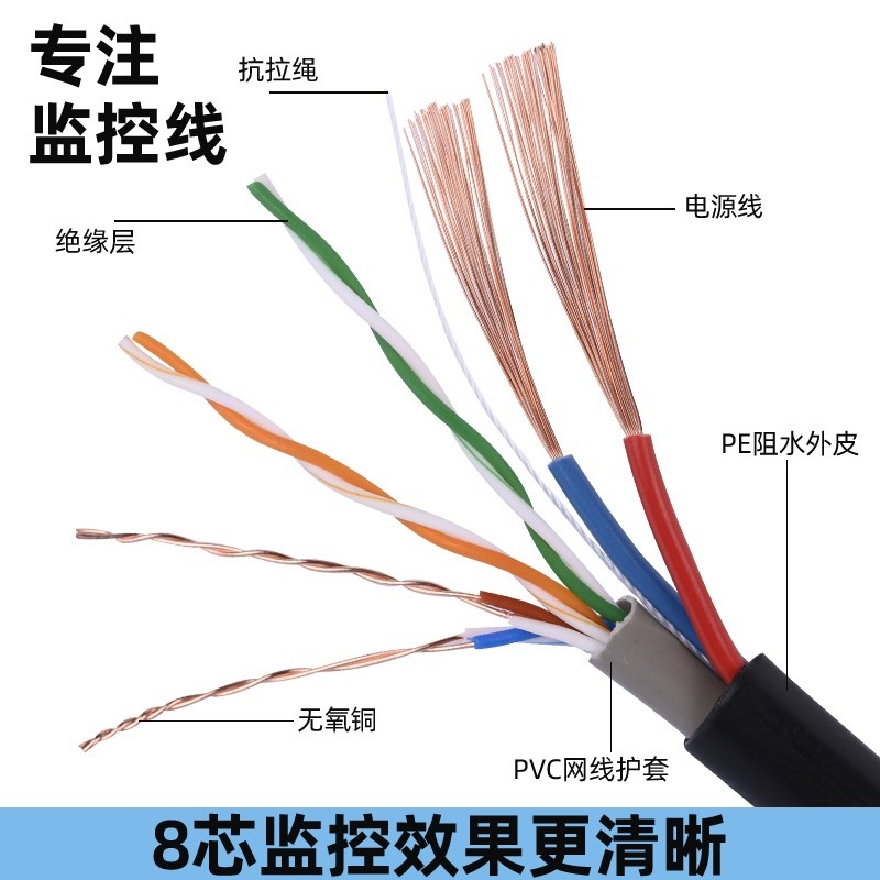 纯铜网络综合线05网线带电源监控一体线室外防水4芯8芯网络综合线