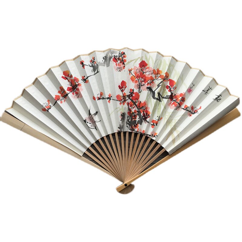 9寸95寸玉竹折扇配手绘花鸟梅花葡萄竹宣纸扇面古风文玩扇子玉骨