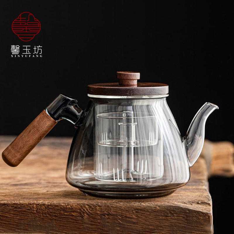 胡桃木把烟灰色玻璃煮茶壶耐高温蒸茶器可明火泡茶壶电陶炉烧水壶