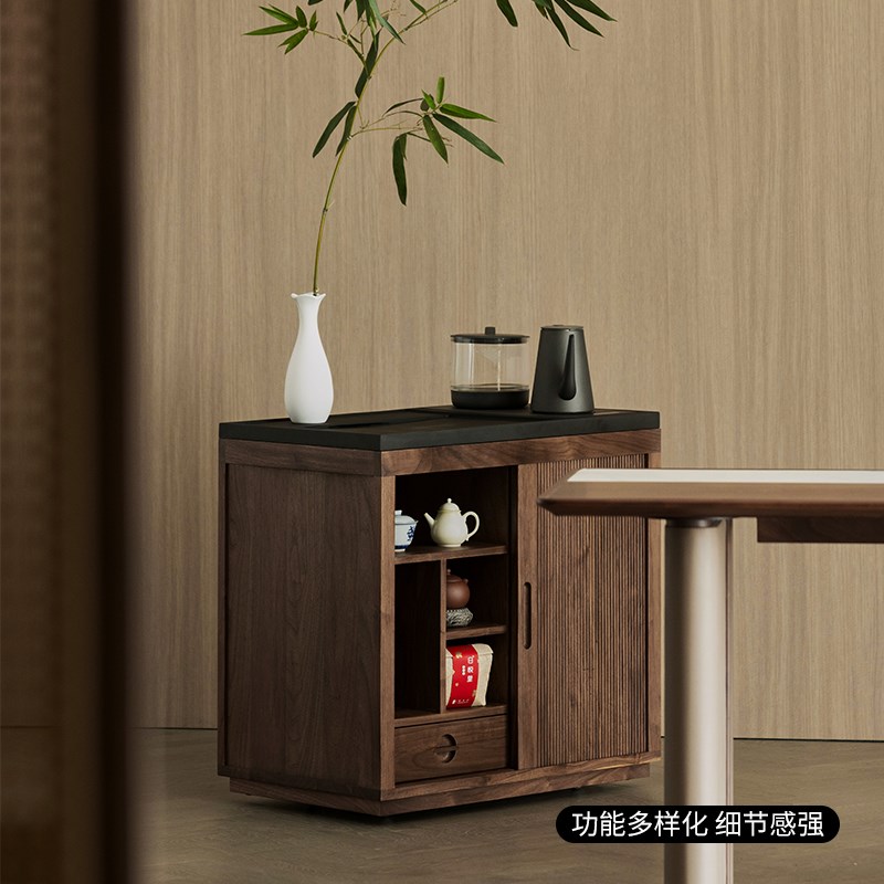 实木茶水柜家用小茶桌黑胡桃木茶边柜小型茶车移动茶台烧水壶一体