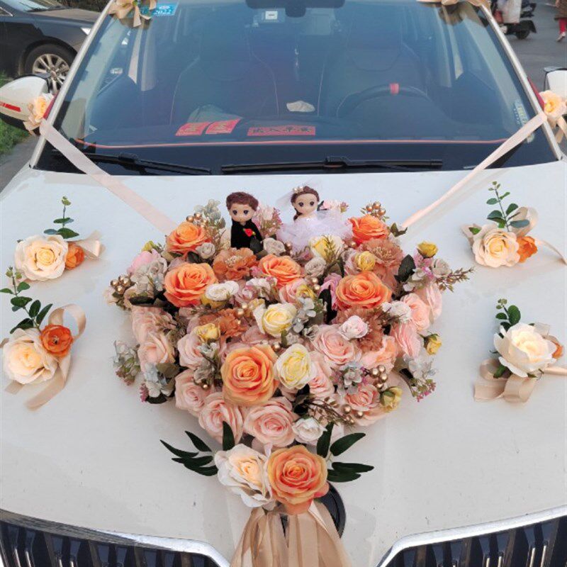 婚车装饰套装主婚大气假花简约森系头车高端创意香槟玫瑰吸盘车队