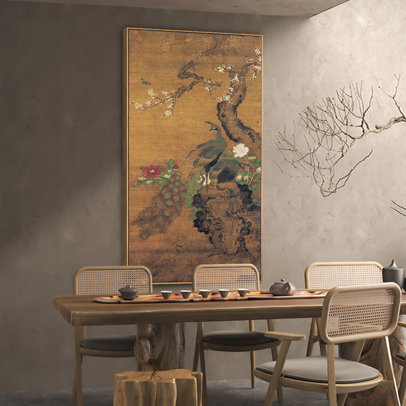 明清国画孔雀入口竖挂画客厅走廊过道茶室背景墙覆古装饰画