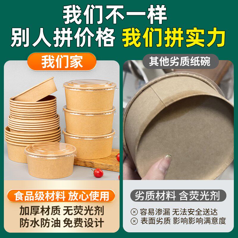 牛皮纸一次性餐盒圆形加厚带盖烤肉拌饭快餐盒便当外卖打包盒纸碗