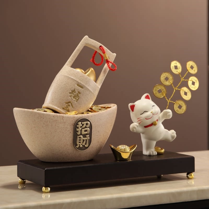 一桶金聚宝盆招财猫摆件新中式客厅办公室收银台装饰乔迁开业礼品