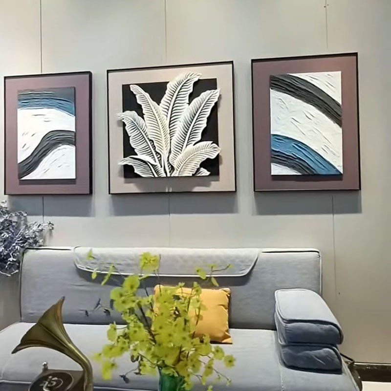 轻奢高级感客厅装饰画浮雕立体感沙发后面背景墙三联挂画砂岩壁画