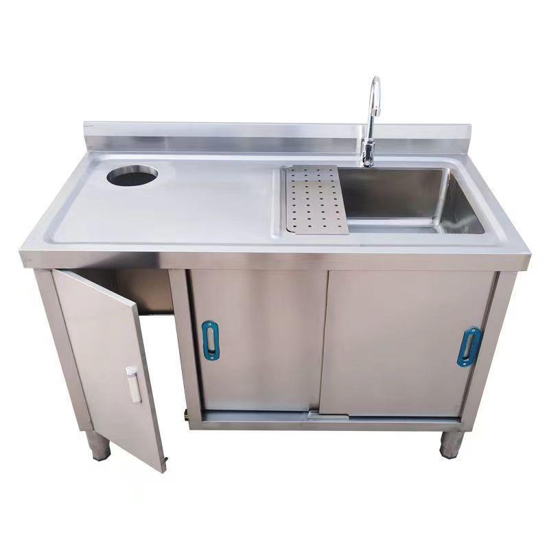 水果切台奶茶店杀鱼台小吃商用工作台带水池带垃圾孔拉门不锈钢