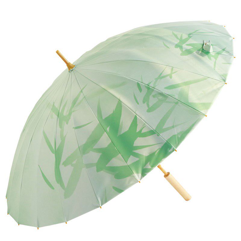 国风24骨长柄伞彩胶防晒防紫外线竹青汉服拍照晴雨两用遮阳太阳伞