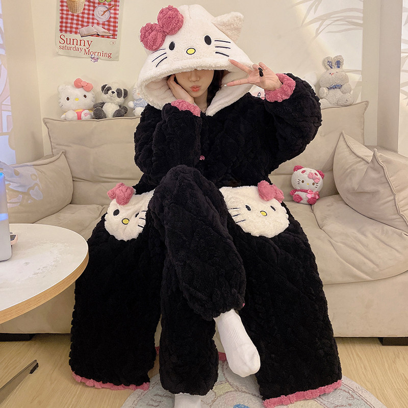 睡衣女冬季睡袍珊瑚绒浴袍可爱三层夹棉冬天加绒加厚款家居服套装
