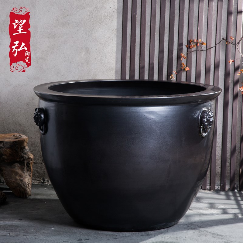 陶瓷鱼缸黑色狮子头缸狮耳大缸超大型摆件种树缸养鱼盆庭院荷花缸