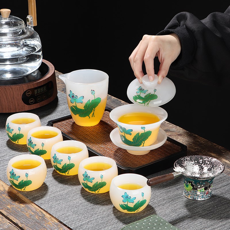 高端琉璃荷花遇热水变色功夫茶具套装玉瓷盖碗茶杯家用办公室礼品