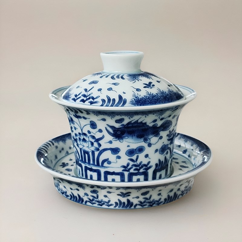盖碗茶杯大号青花青瓷陶瓷功夫茶具复古鱼藻纹三才敬茶碗泡茶碗
