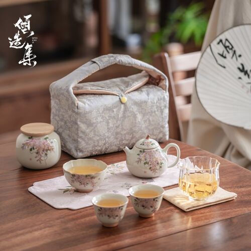 草木灰手绘紫藤花茶壶一壶两杯功夫茶具便携装布包旅行茶具套装