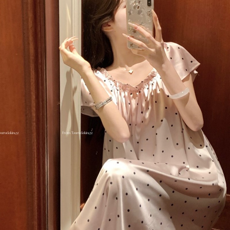 草莓啵啵~冰丝睡裙女夏季甜美波点蕾丝短袖连衣裙家居服睡衣裙子
