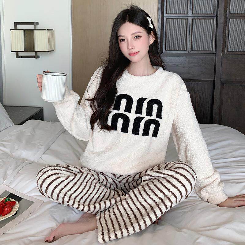 半边绒居家服睡衣套装女款高级感保暖加绒高档可外穿秋冬服装套头