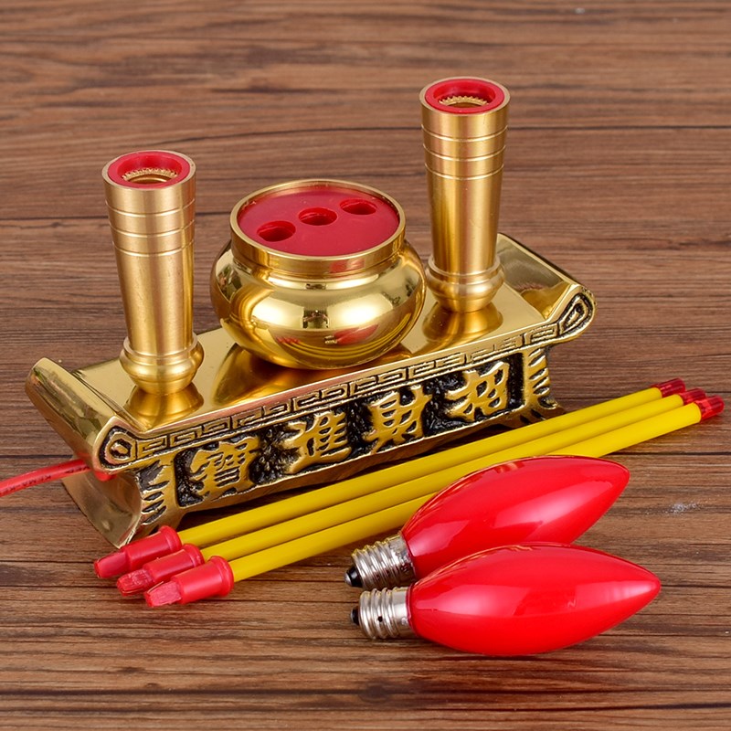 led电香炉供奉佛前财神家用长明灯纯黄铜电蜡烛台佛堂用品仿真香