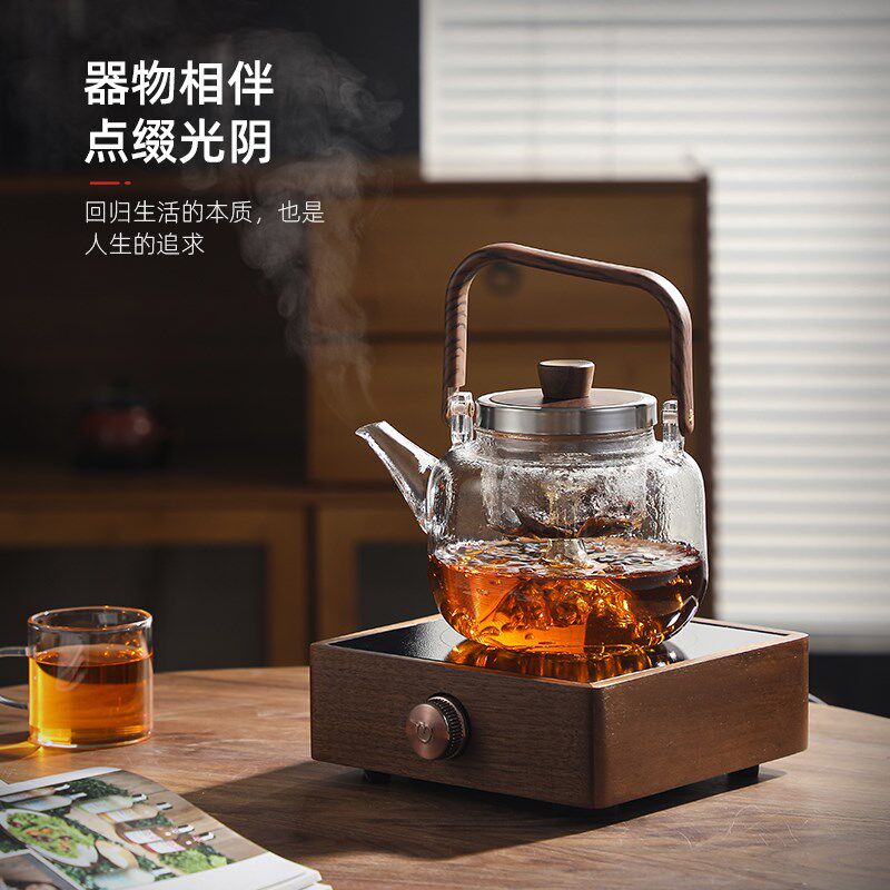 胡桃木电陶炉耐热玻璃壶套装 家用小型自动上水泡茶烧水炉煮茶器