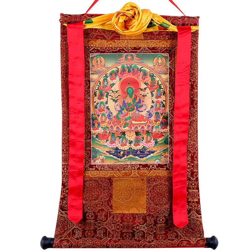 藏式21度母烫金唐卡挂画双层装裱西藏织锦布艺佛像装饰长60cm唐卡