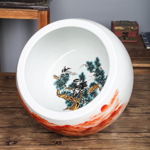 景德镇陶瓷鸿运当头聚宝盆大号摆件中式家居装饰品客厅玄关养鱼缸