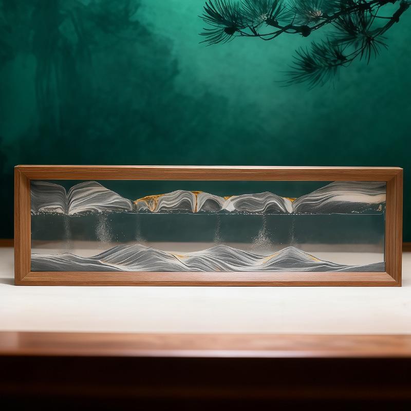 创意3d流沙画方木相框解压山水沙漏玻璃艺术工艺品桌面办公室摆件