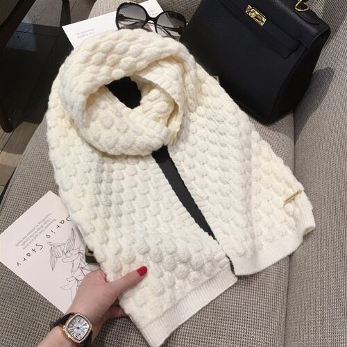 韩版百搭纯色泡芙格羊毛混纺围巾女情侣冬季加厚保暖毛线针织围脖