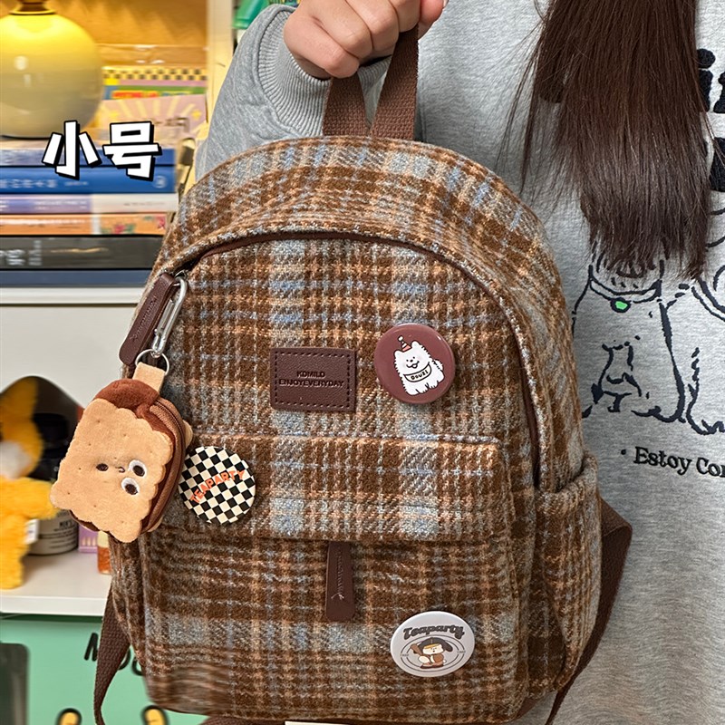 日系ins秋冬复古格子书包女 韩版高中学生初中生双肩包百搭小背包