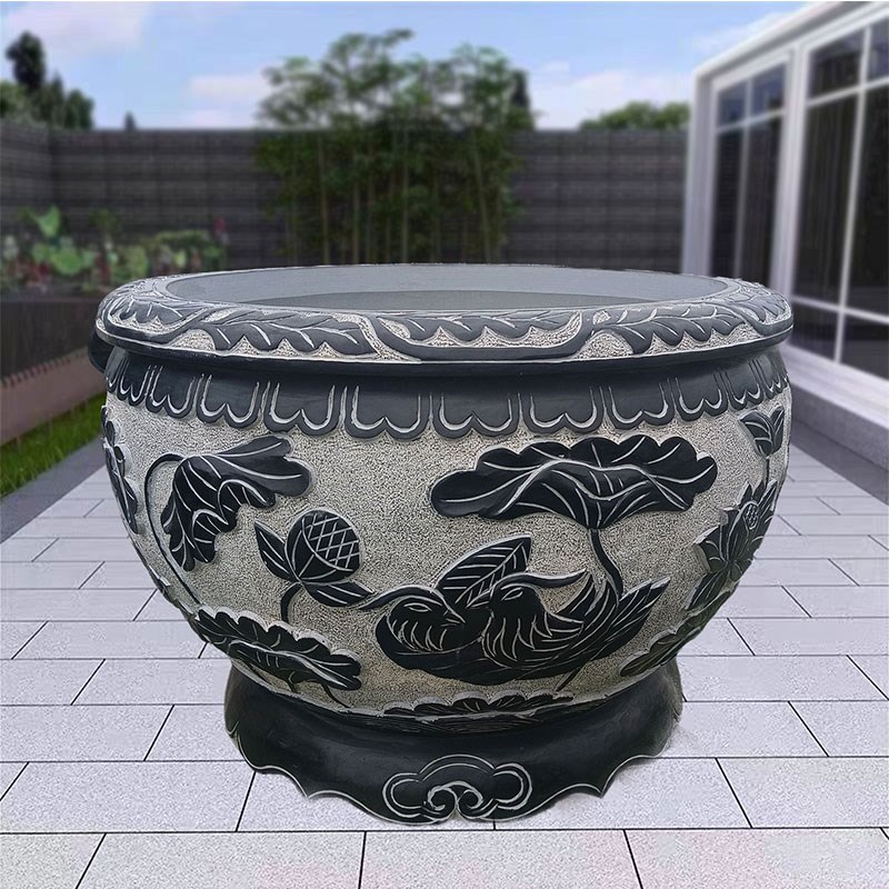 天然石雕鱼缸花盆门海青石彷古石缸庭院荷花缸石槽养鱼池流水摆件