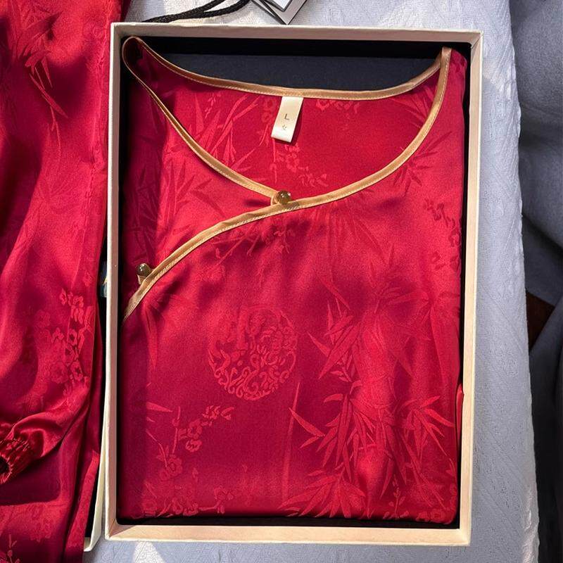 【桑蚕丝】真丝中式国风睡衣女红色送妈妈礼物礼品礼盒中年母亲节