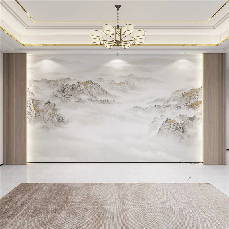 岩板电视背景墙简约山水微晶石瓷砖石材客厅会议室沙发影视墙定制