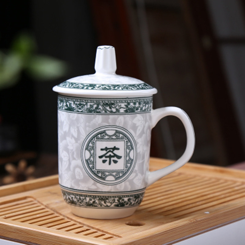 陶瓷带盖茶杯办公杯会议杯中式覆古风杯子景德镇家用泡茶杯子刻字