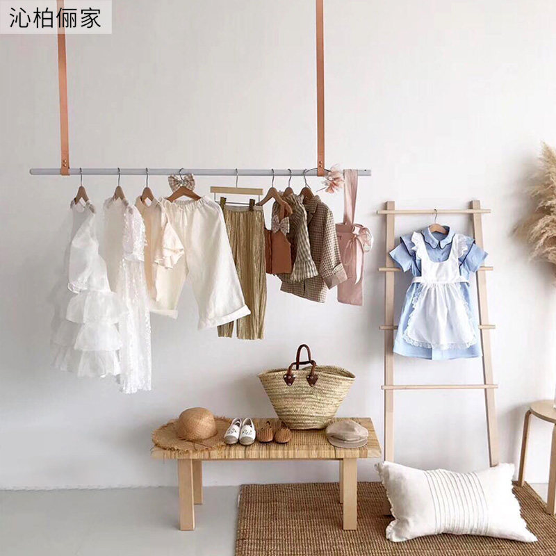 悬挂实木衣架皮质衣帽架吊杆服装店挂衣杆壁挂墙上次净衣区挂衣架
