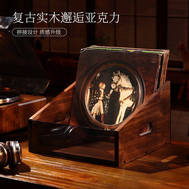 胡桃实木黑胶唱片收纳架CD展示盒12寸大容量碟片箱简约复古LP支架