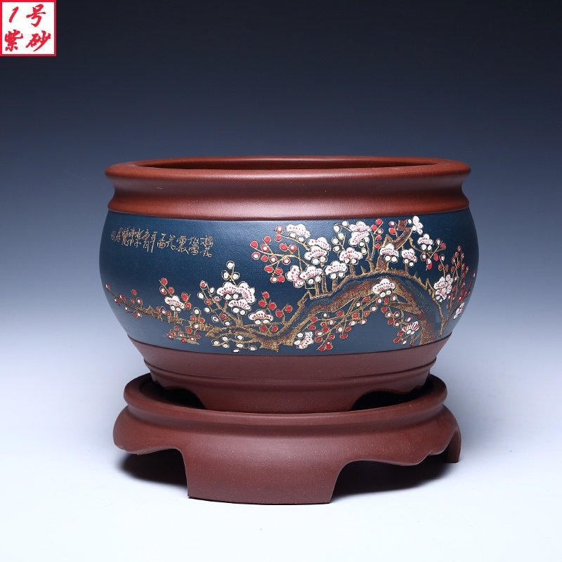 宜兴精品紫砂花盆高档陶瓷圆形大君子兰花盆带托盘盆景盆栽室内