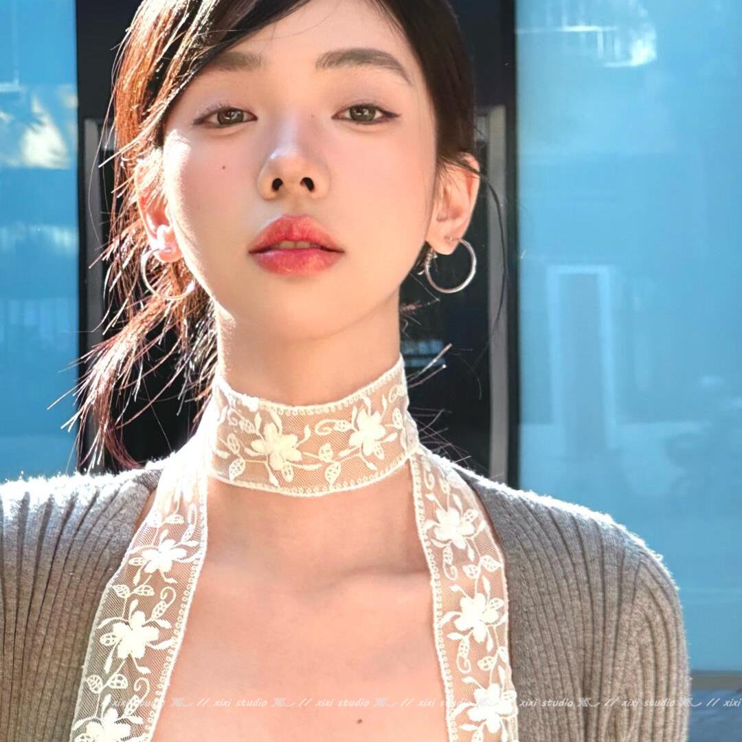 甜蜜辣酱韩系蕾丝花朵飘带细窄丝巾长条围巾春夏装饰锁骨系脖颈带