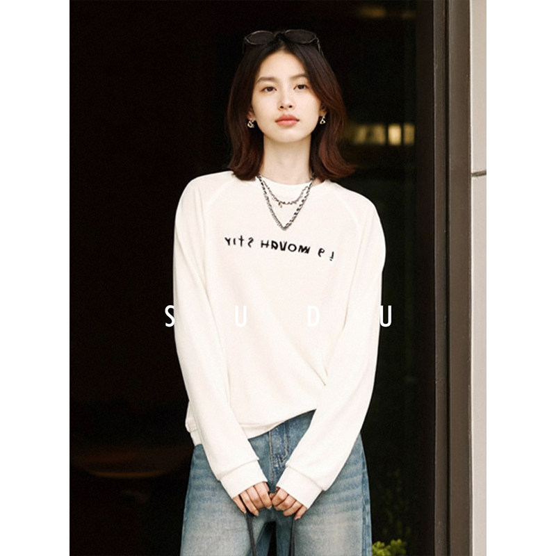 SUDU素都2026早春白色圆领长袖t恤女通勤宽松慵懒风打底衫上衣服,女装/女士精品,T恤,淘宝优惠券,粉丝福利购,淘宝优惠卷