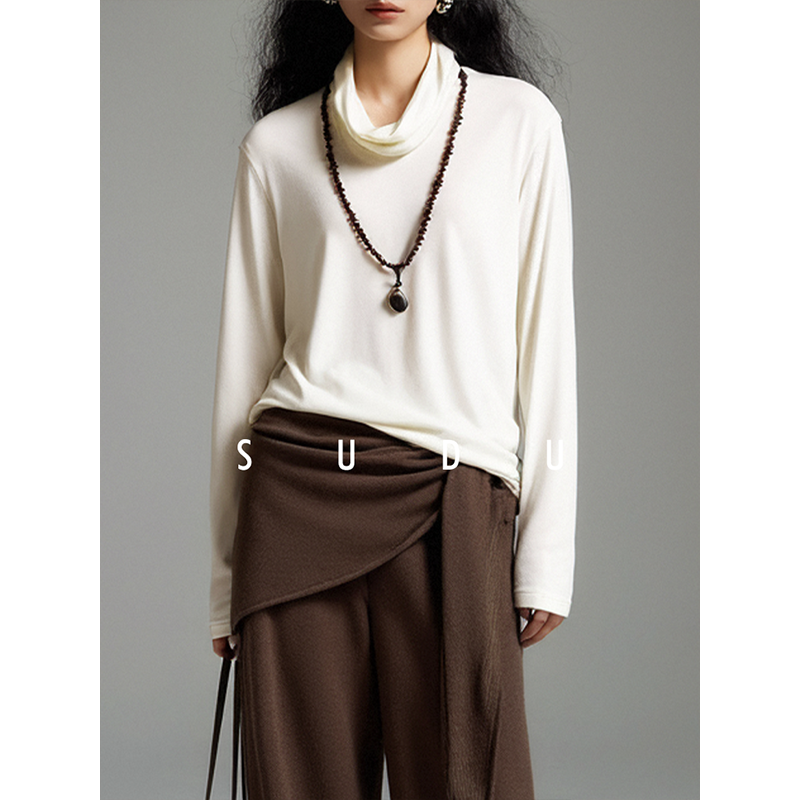 SUDU素都2026春季堆堆荡领喇叭袖长袖针织t恤女通勤气质打底上衣,女装/女士精品,毛针织衫,淘宝优惠券,粉丝福利购,淘宝优惠卷