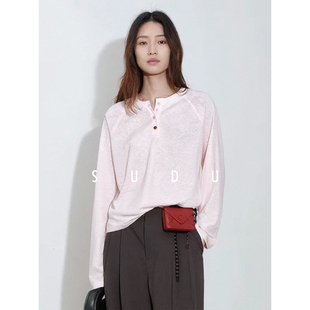 SUDU素都春秋亨利衫领长袖t恤女亮色纽扣点缀通勤休闲打底衫上衣