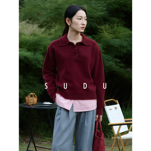 SUDU素都2026新春氛围感酒红色POLO领长袖 女士通勤舒适毛衣 针织衫