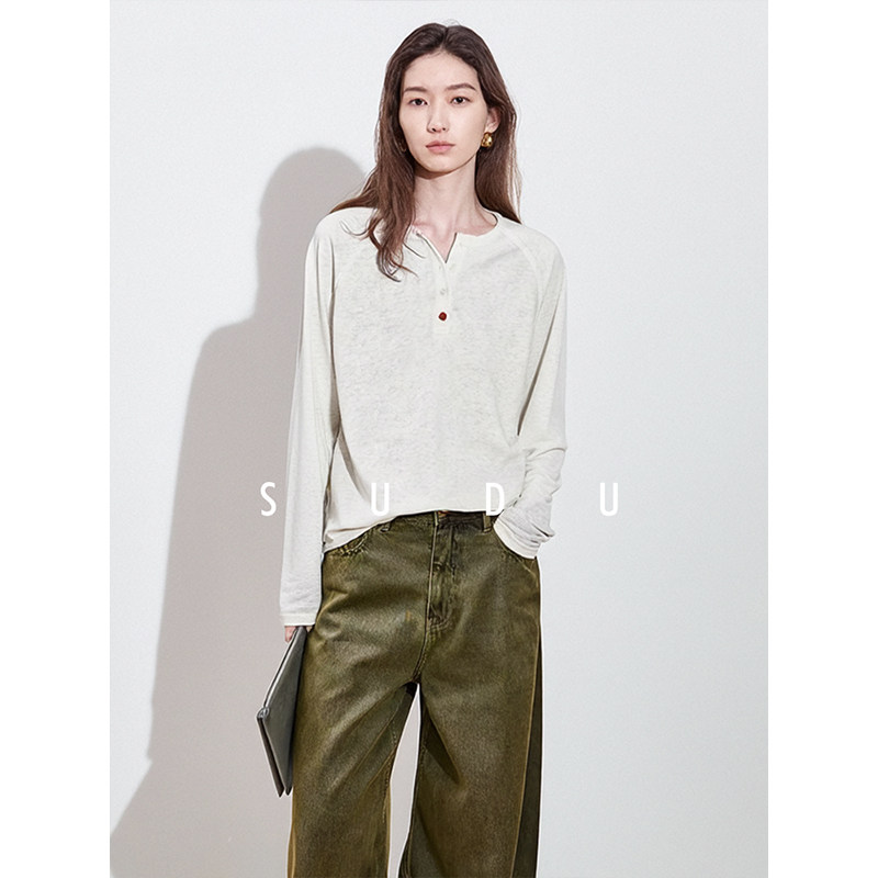 SUDU素都2026春秋亨利领长袖t恤女肌理感亮色纽扣点缀打底衫上衣,女装/女士精品,T恤,淘宝优惠券,粉丝福利购,淘宝优惠卷