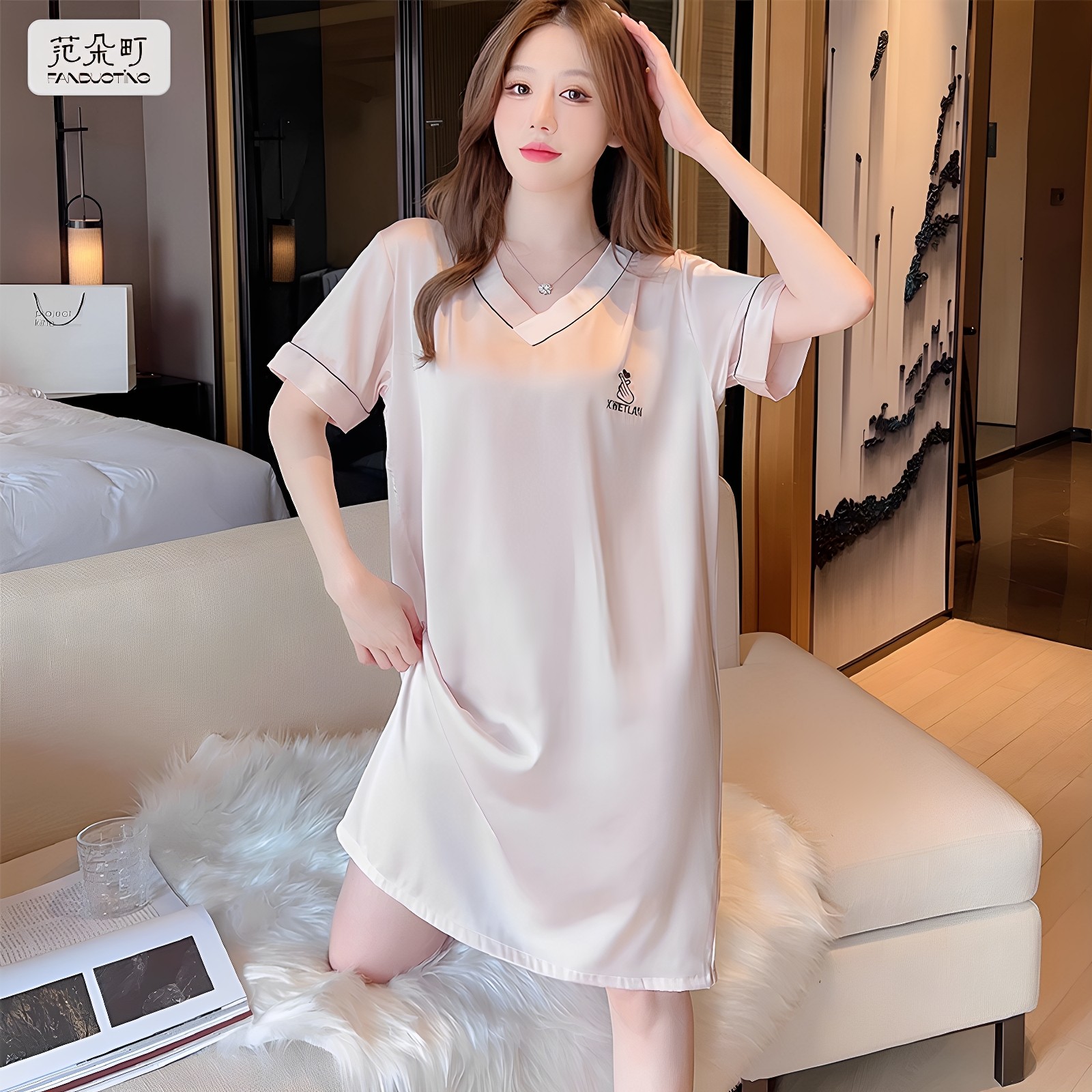 2025新款睡衣女夏季冰丝大码宽松时尚显瘦薄款简约家居服睡裙