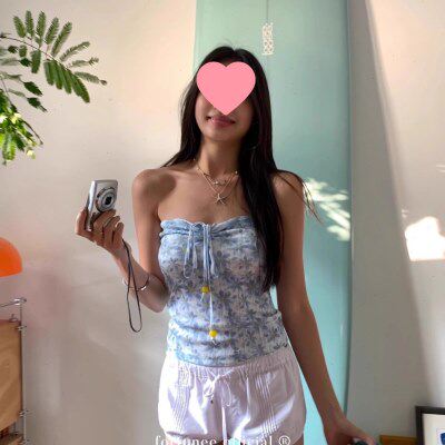 fortunee 春夏清新蓝色小雏菊可爱串珠抹胸上衣辣妹短款无袖背心