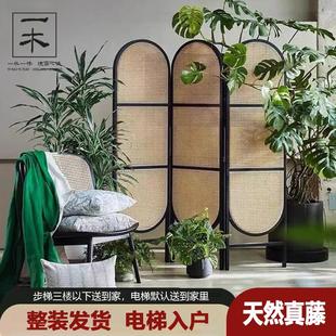 ins玄关屏 藤编中古屏风隔断网红遮挡家用办公室折叠移动实木日式