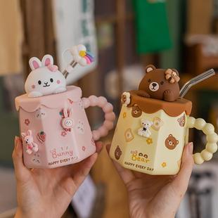 儿童家用咖啡杯子 可爱陶瓷马克杯女生高颜值带盖吸管水杯2022新款