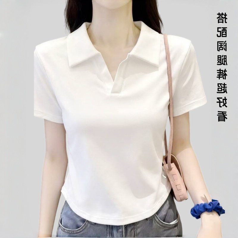 欧货POLO领白色短袖T恤女夏2026新款修身正肩百搭打底衫短款上衣