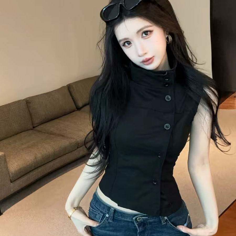 不规则黑色吊带背心女外穿夏季美式辣妹无袖立领抹胸上衣坎肩马甲
