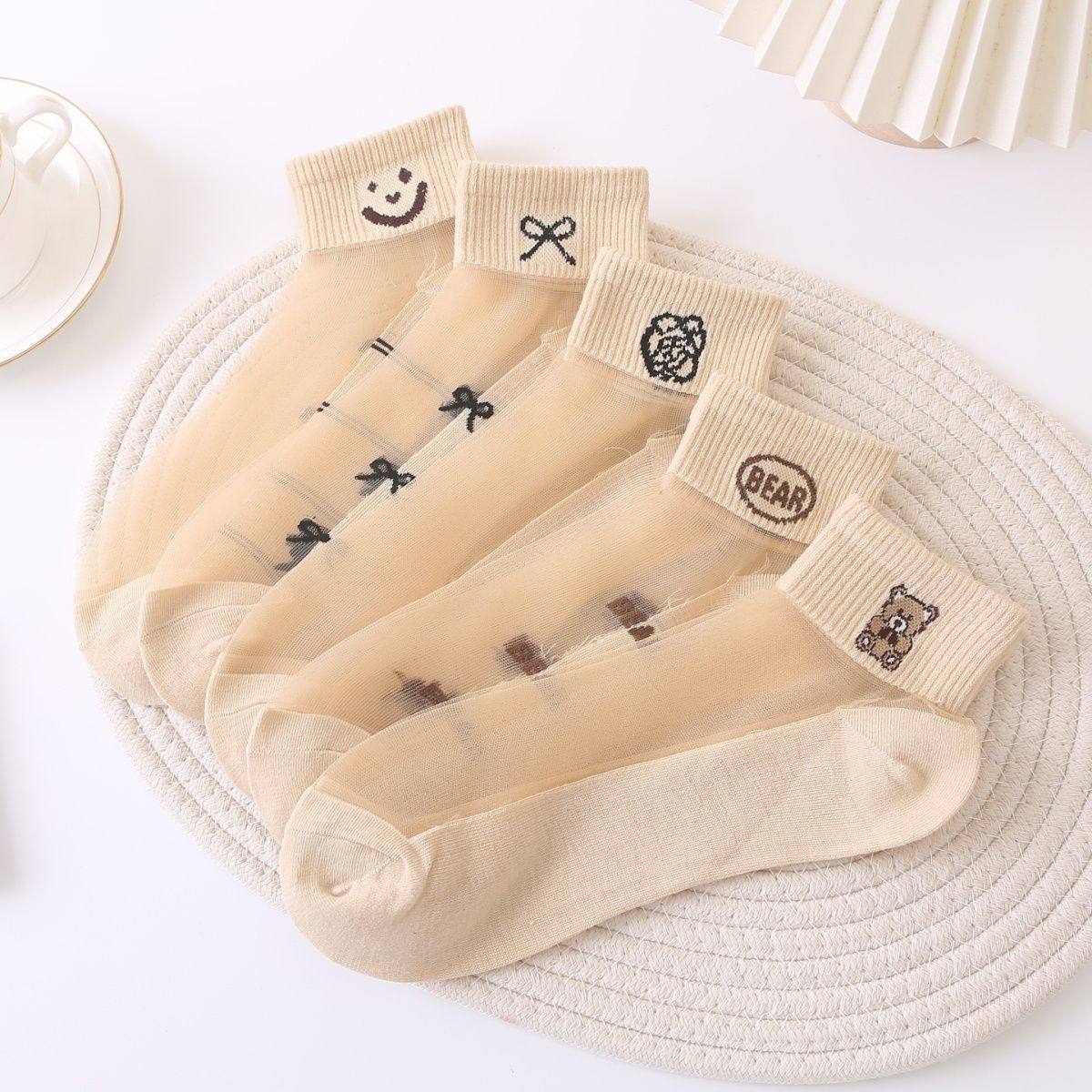 肤色水晶丝袜子女夏季短袜薄款纯棉底玻璃丝卡通小熊韩版运动船袜