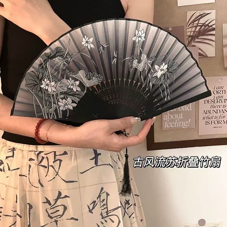 新中式古风荷花竹折扇汉服便携