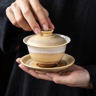 窑变沙漠黄三才盖碗泡茶碗大号带盖单个茶艺茶杯陶瓷功夫茶具家用