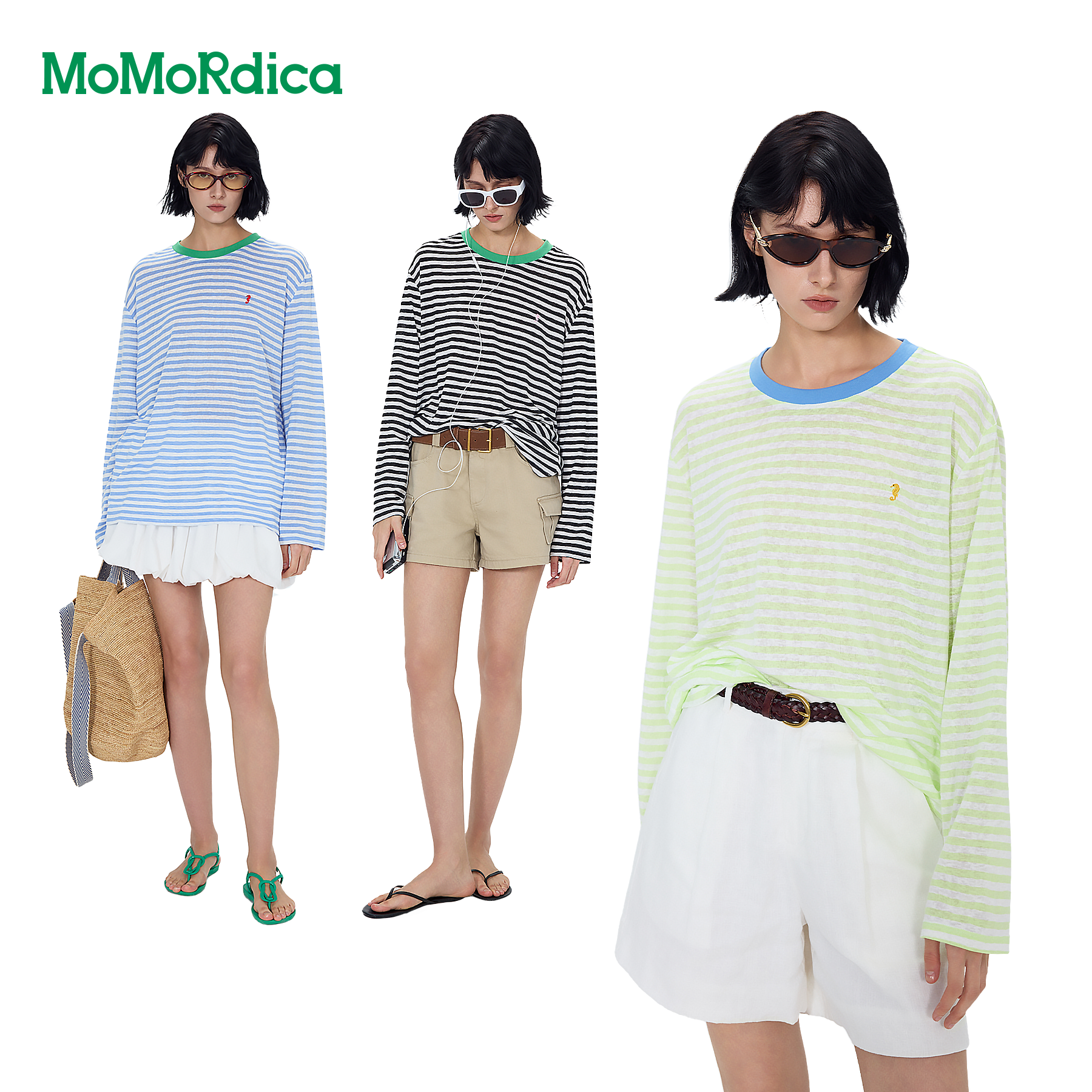 Momordica 撞色经典条纹宽松长袖薄T恤女