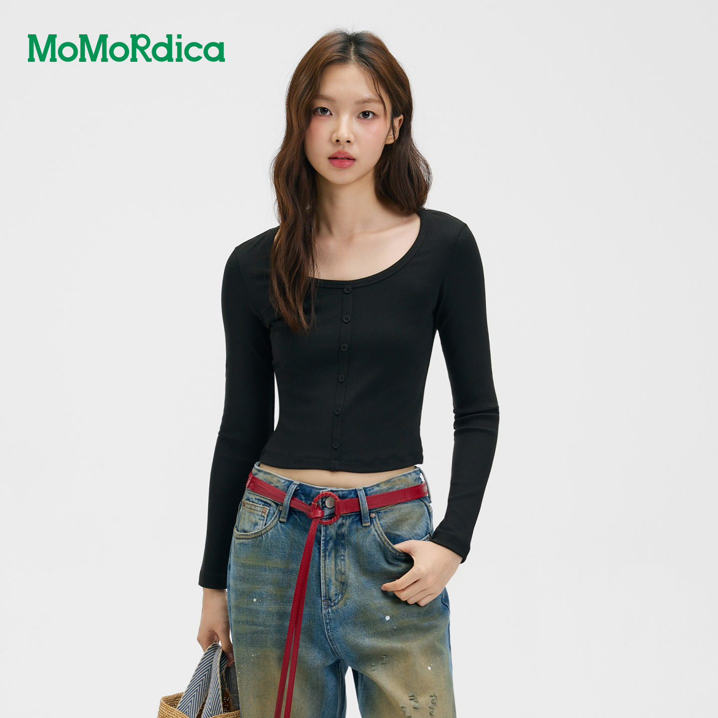 Momordica2026夏季新款时尚简约修身圆领紧身短款长袖T恤女上衣