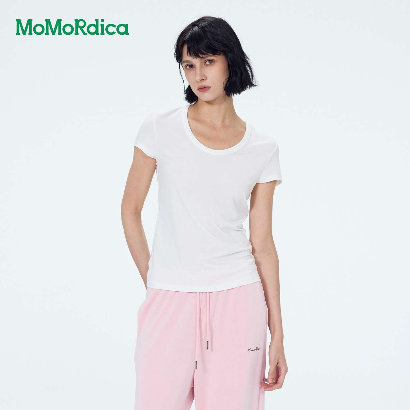 Momordica2026夏装新款休闲纯色百搭汤勺领莱赛尔短袖T恤女上衣女